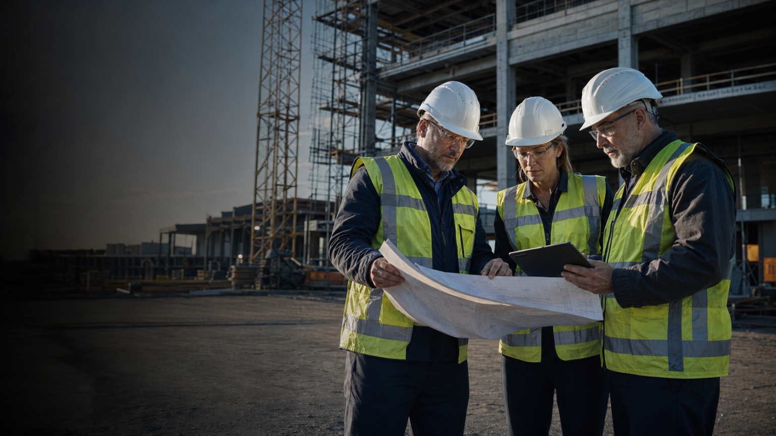 Three construction leaders in hard hats reviewing plans on site