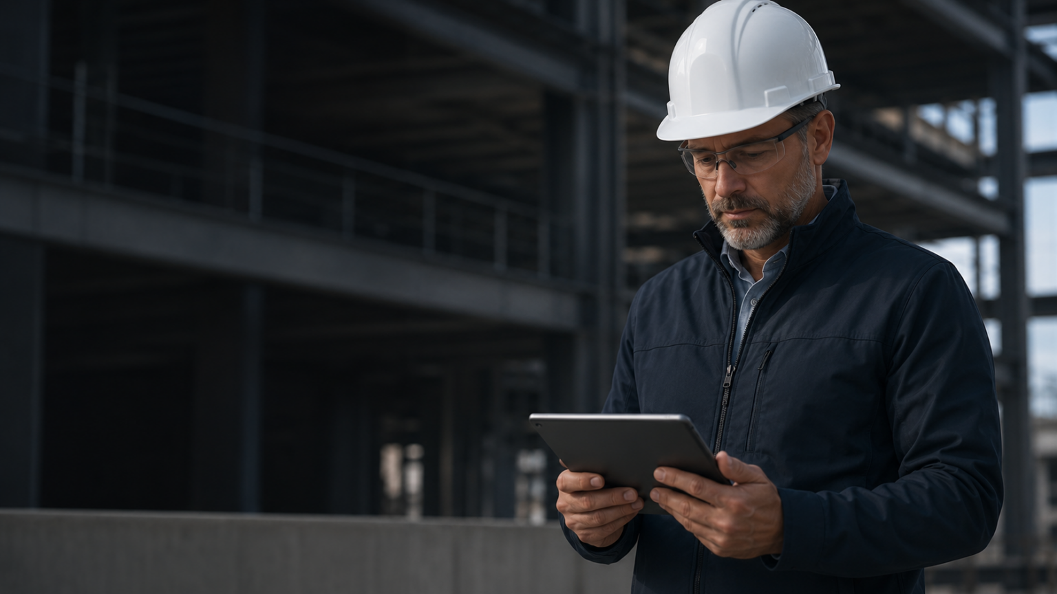Construction executive reviewing a project on a tablet at dusk