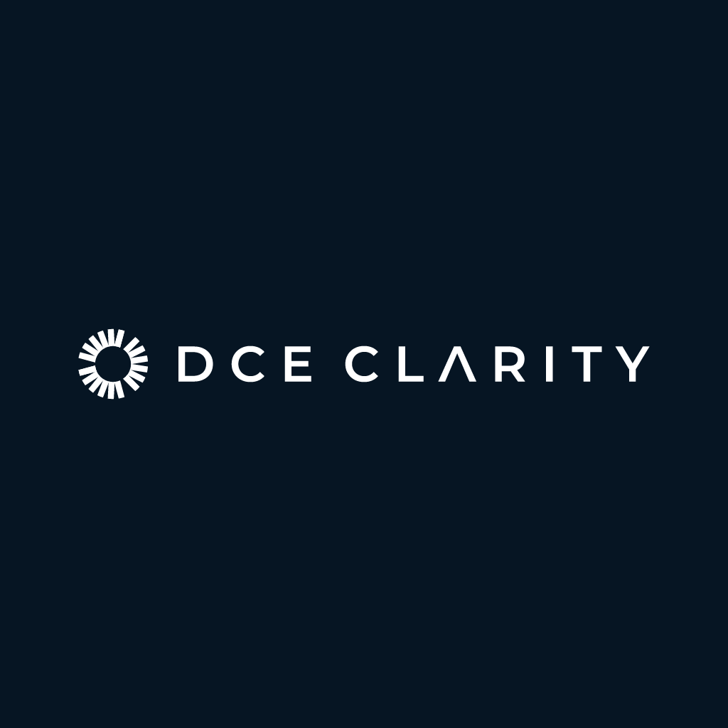 DCE Clarity logo, white on navy