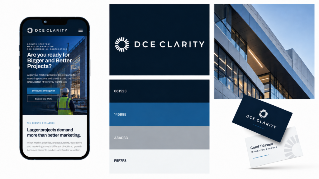 DCE Clarity brand board with color palette, website and business cards