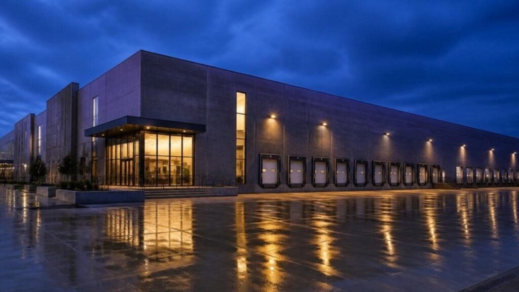 Industrial logistics warehouse at dusk