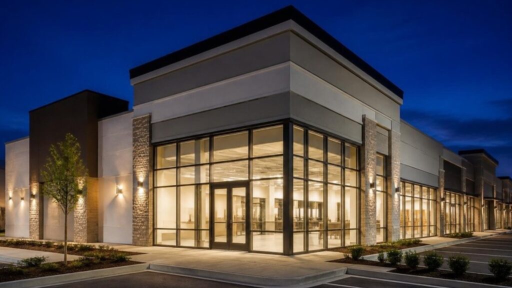 Retail building at dusk