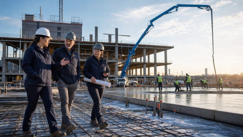 Contractor team walking a concrete deck during a pour