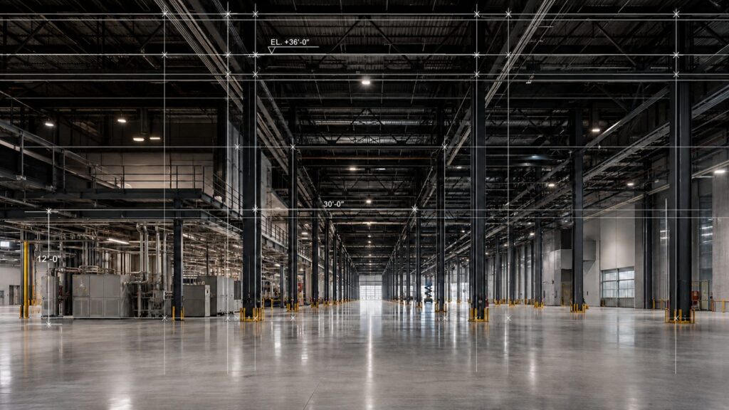 Finished warehouse interior with exposed steel structure