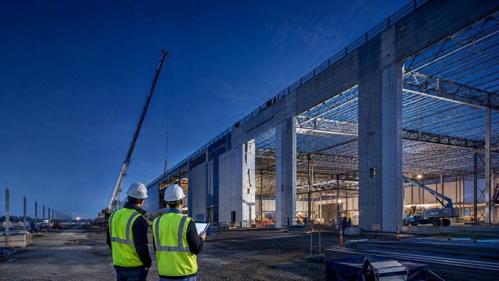 Large commercial building under construction at night