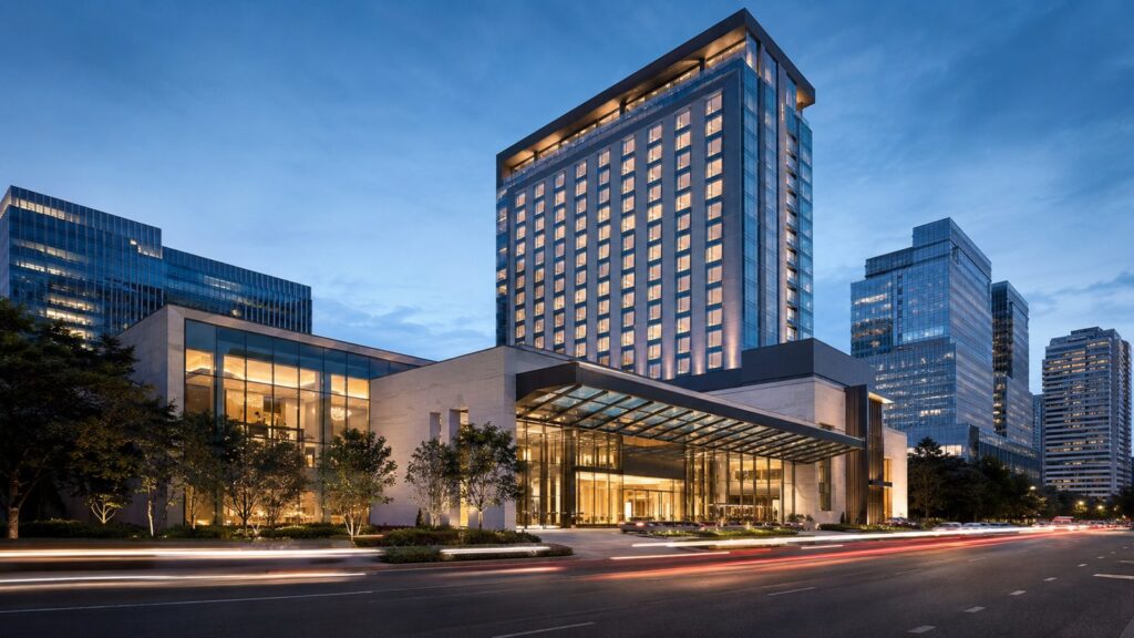 Completed high-rise hotel and commercial building at dusk