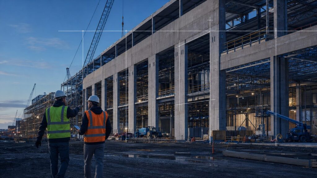 Commercial building under construction with crew on site