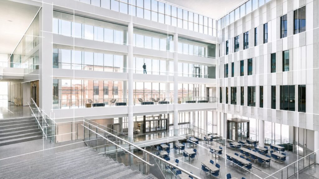 Bright atrium inside a completed commercial building