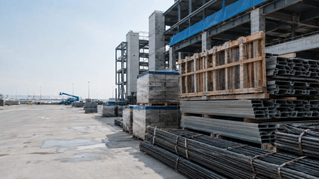 Construction materials staged on a commercial job site